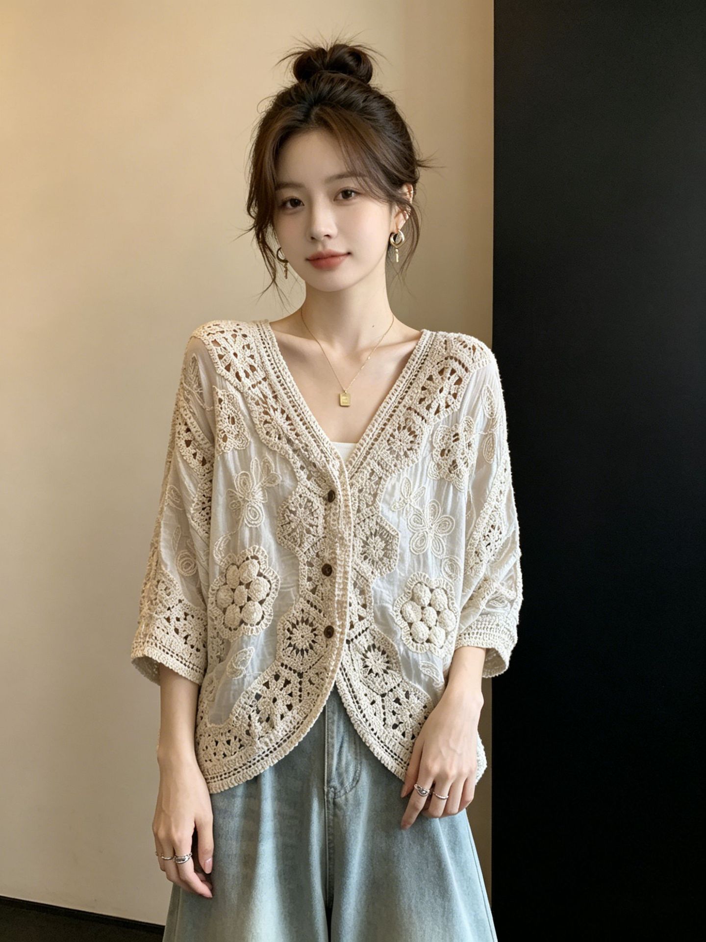 Áo chống nắng hở cổ tay bảy phần nữ phong cách trẻ trung — Màu ảnh chi tiết 2