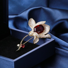 韓版韓式新款重工鋯石百合花胸針優雅花卉別針女西服旗袍胸花配飾