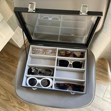 透明玻璃盖眼镜收纳盒黑色皮质绒布多格大容量太阳墨镜展直销
