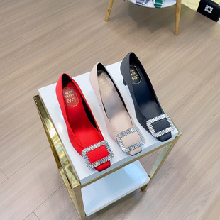 A generation of rv shoes women's satin heel square head square buckle rhinestone shallow black high heels
