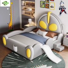 奥特曼儿童床男孩卡通带护栏滑梯床简约现代卧室实木单人床软包床