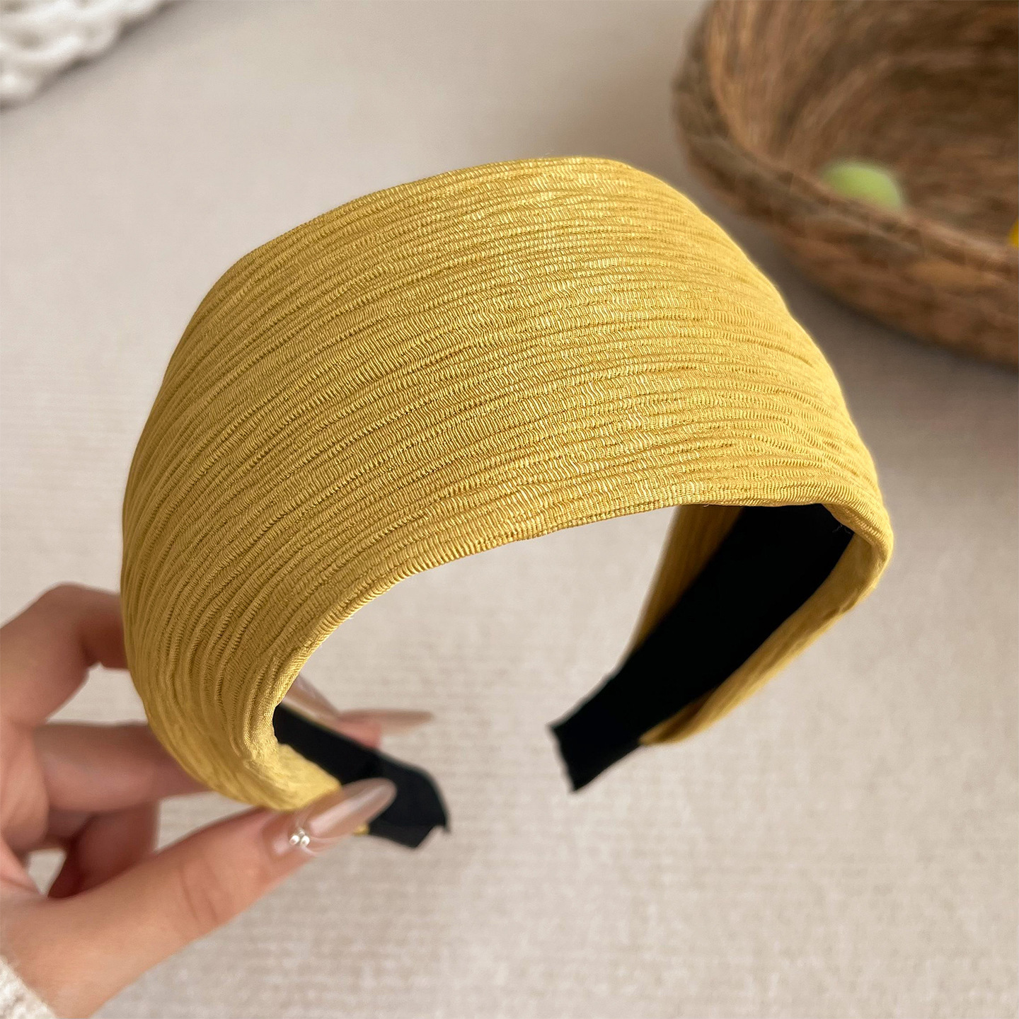 Yellow wide-brimmed pleated striped headband