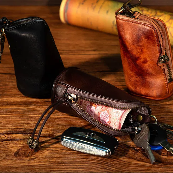 New style, first-layer cowhide, vegetable-tanned leather, vintage-style key pouch for men, large capacity, waist-mounted, vintage-style storage bag