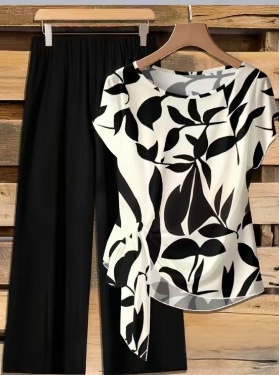 Floral Print Plus Size Women's Short Sleeve Outfit - Loose Fit Wide Leg Pants Set For Summer, Comfortable And Flattering For Curvy Figures_ecoleips.com