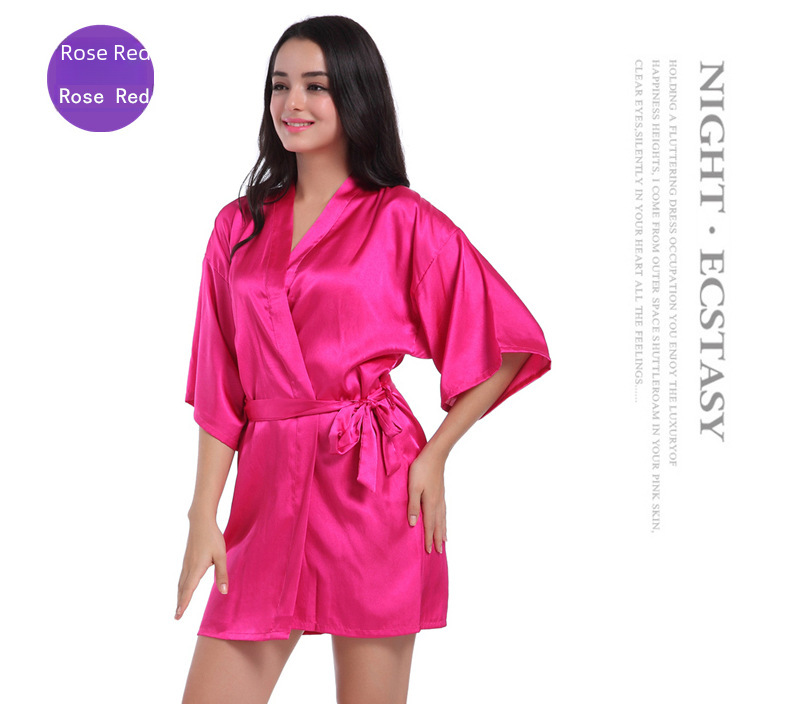 Cross-border Women's Twisted Sade Nightgown Bathrobe Solid Color Glossy Summer Thin Sexy Short Cardigan Gown_voghion.com