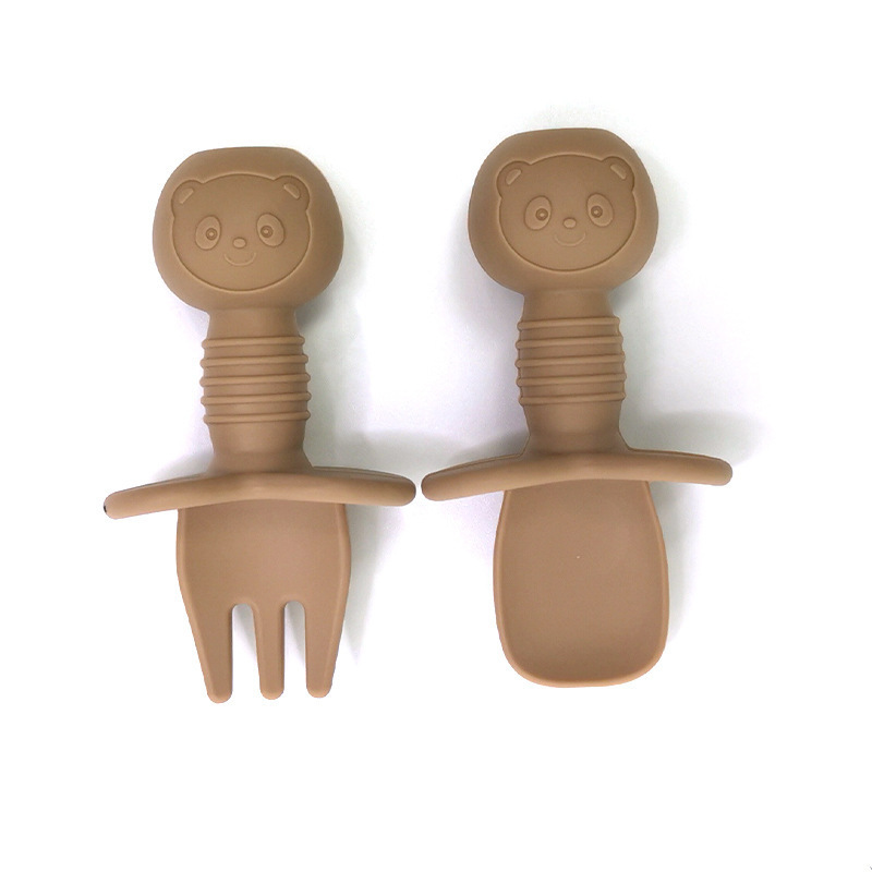 Dibujos animados Oso de silicona para niños tenedor cuchara bebé comiendo entrenamiento tenedor cuchara silicona lamiendo cuchara bebé cuchara de silicona