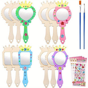 Cross-Border Crown Small Mirror 12-Piece Makeup Mirror Wooden White Blank DIY Pearl Snowflake Mud Painted Coloring Mirror Set