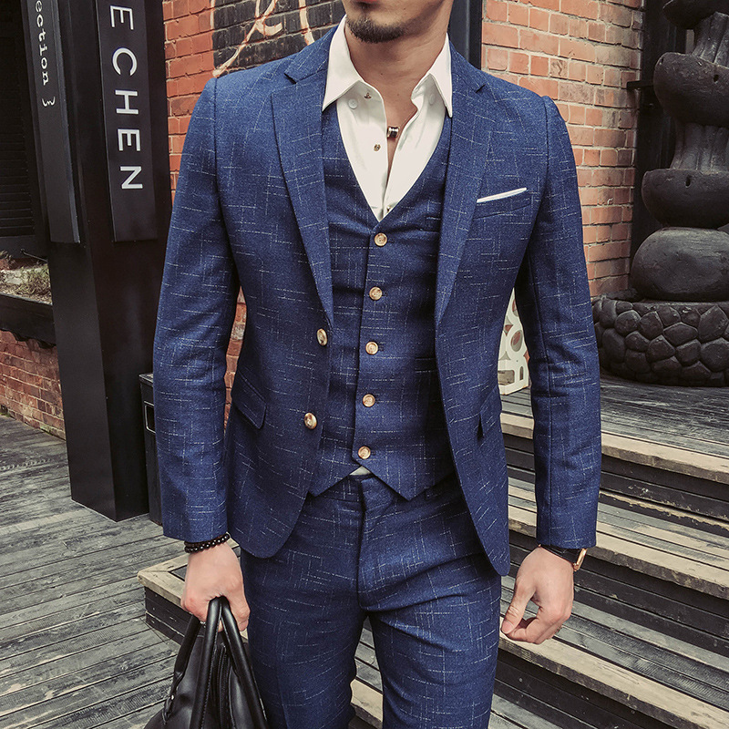 2023 Comercio exterior duro traje de los hombres traje de Arte Artístico tela delgada hombres doble hebilla traje de tres piezas XZ06