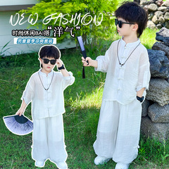 男の子の夏スーツ子供唐装漢服 2025 新しいレトロな新しい中国風のボタンシャツ小中型子供服