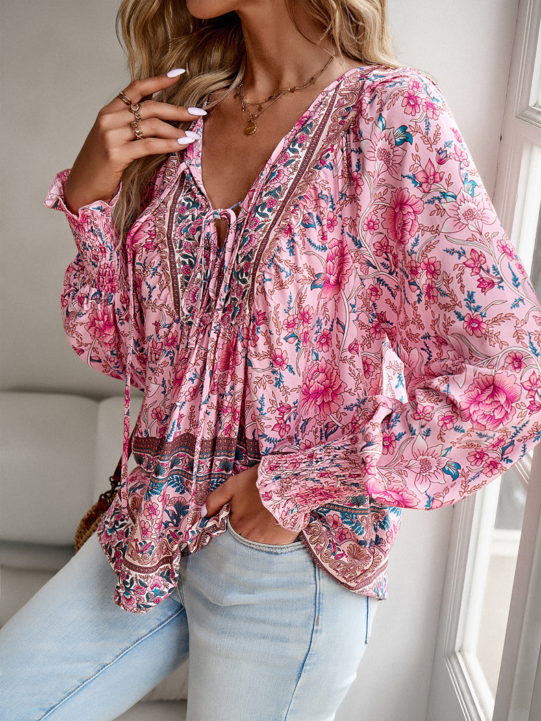 Elegante Florale Damenbluse Mit Bindedetail Und V-ausschnitt_voghion.com