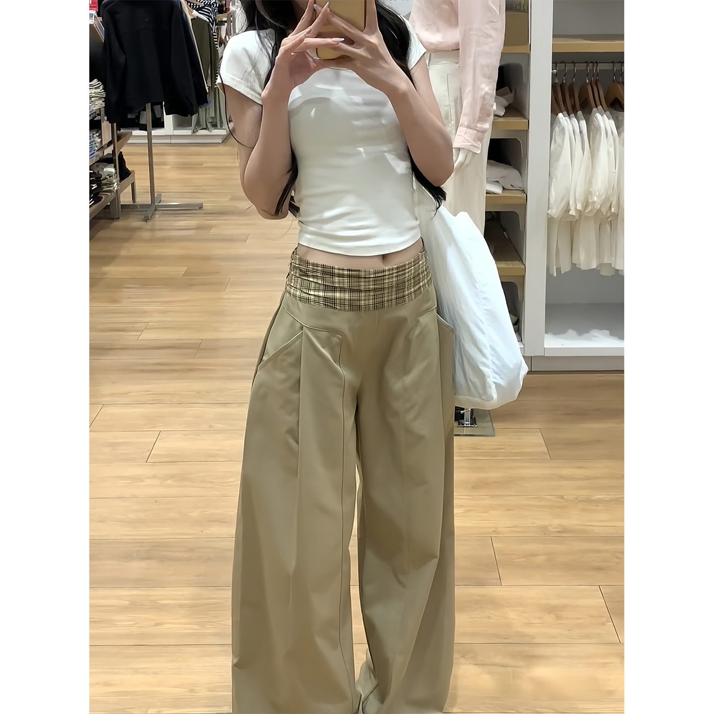 卡其色格子拼接阔腿裤女春秋2025新款高腰垂感直筒宽松高级西装裤