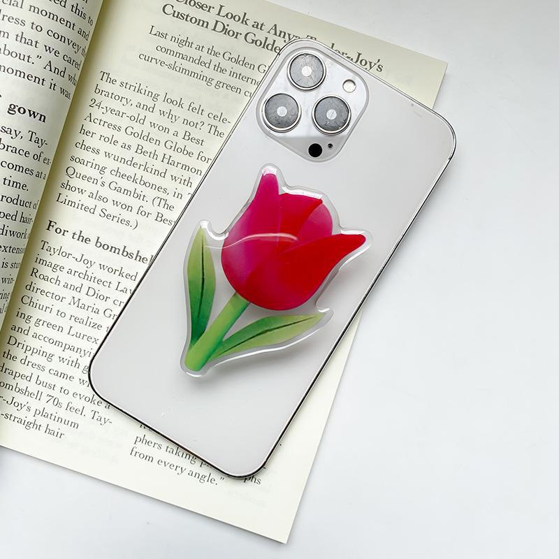Minimalist phone airbag holder with small fresh tulip flower back, stable Instagram style and niche finger ring buckle_voghion.com