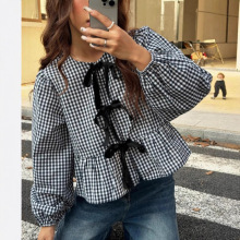 2025跨境女装格子宽松蝴蝶结长袖衬衫