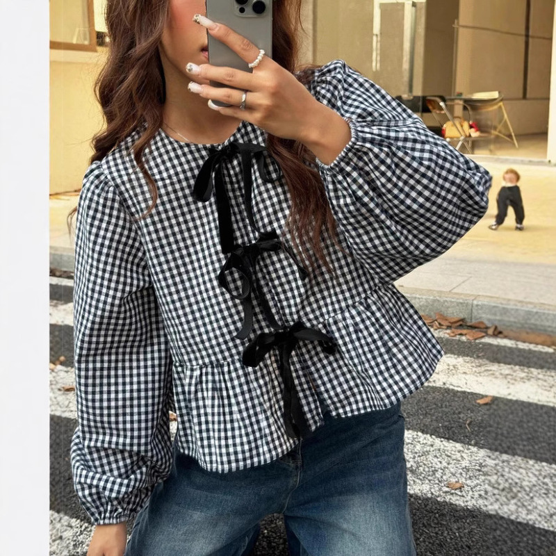 2025 Cross-Border Women's Plaid Loose Bow Long-Sleeved Shirt