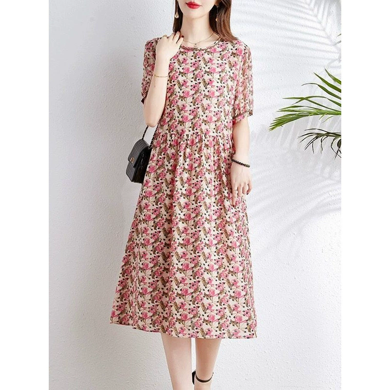 Новое шелковое платье 2025 года, летнее, из шелка Ханчжоу, средней длины, элегантное, стройнящее, с принтом, юбка из тутового шелка.