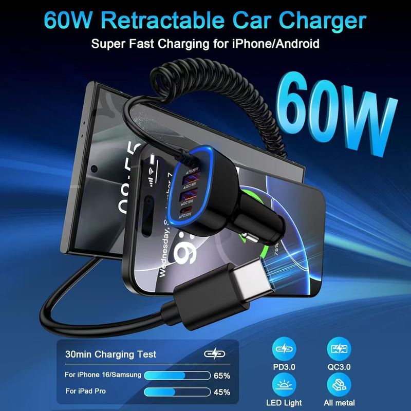78W快充PD车充Car charger弹簧线四合一车载充电器快速汽车点烟器|undefined