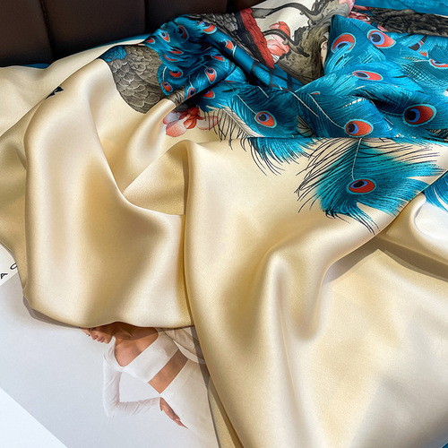Chinese style retro ethnic peacock with open tail, fashionable imitation silk long scarf and air-conditioning shawl as a gift for mother and daughter