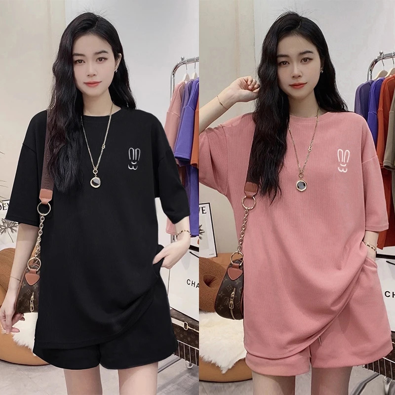 2025 New Summer Fashion Casual Running Sports Suit Korean Style Loose Large Size Short-Sleeved Shorts Two-Piece Set for Women