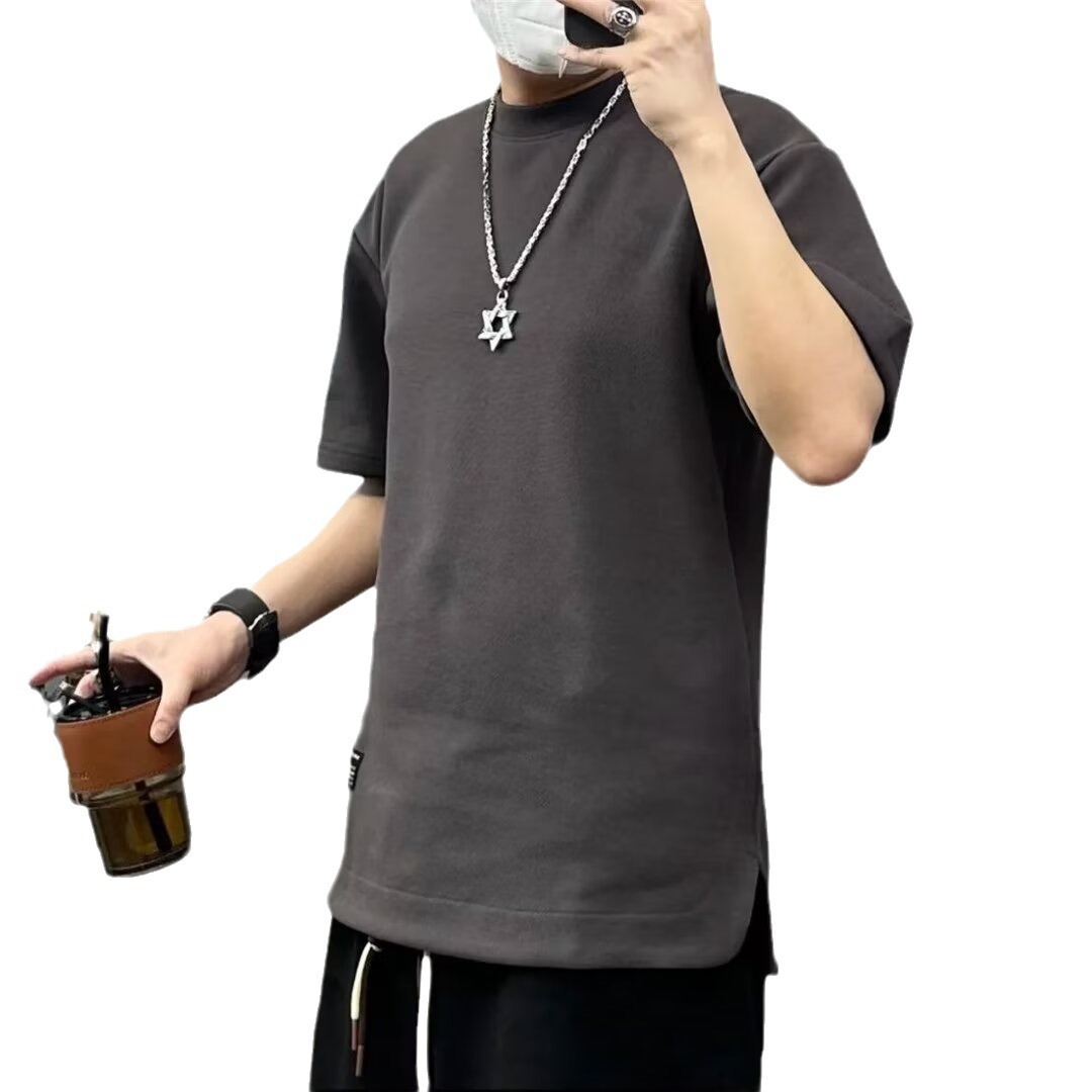 Men's Clothing Hidden pocket heavy waffle men's short sleeved round neck summer solid color loose large size T shirt cool and breathable_voghion.com