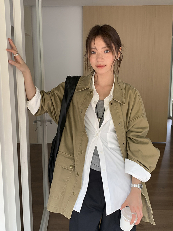 广州十三行2025秋韩风复古做旧氛围感翻领棉质工装风外套女02736|undefined