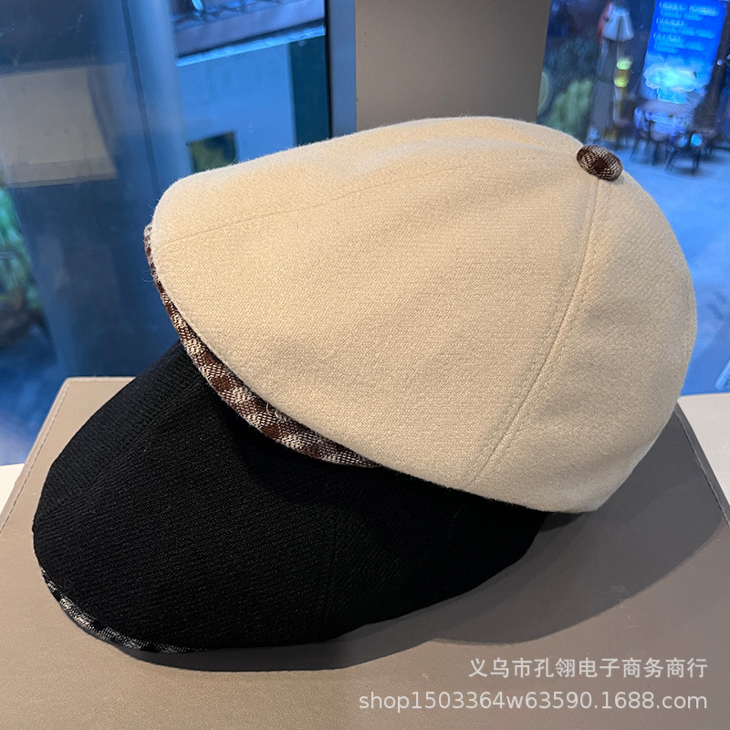 2025新款复古文艺格纹反戴前进帽子女冬季英伦风百搭毛呢贝雷帽潮|undefined