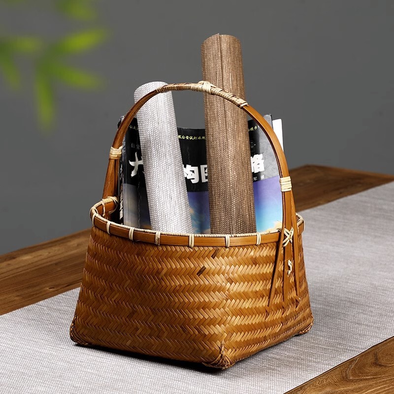 Handmade bamboo basket Chinese vintage tea storage basket snack fruit basket old bamboo basket tea set Handmade bamboo basket Chinese vintage tea storage basket snack fruit basket old bamboo basket tea set