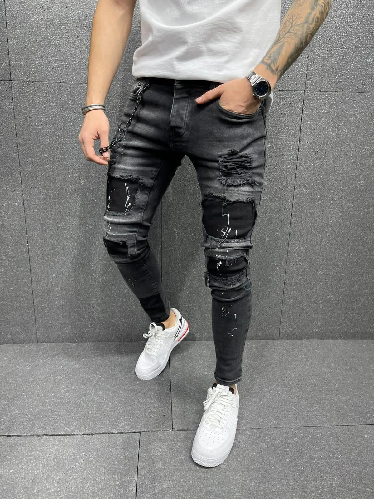 Jeans da uomo con stampa invecchiata venduti in quantità, con adesivi e jeans elasticizzati a gamba piccola, nuovo stile_voghion.com