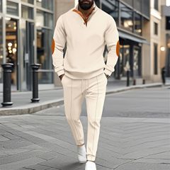 アマゾン秋冬新型越境アメリカ男性半ファスナーワッフルカジュアル立襟長袖パーカー男性セット
