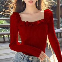 方领杏色荷叶边针织打底衫女内搭秋冬设计感修身别致绝美长袖上衣