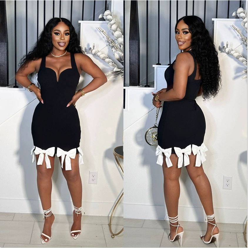 В наличии: Y2676 Европейское и американское платье 2025 года, облегающее, с V-образным вырезом, на бретельках, с бантом и бахромой