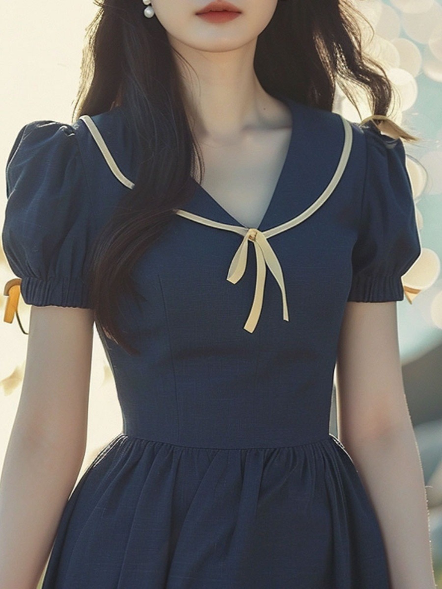 Đầm maxi nữ cổ búp bê xanh navy dáng dài thắt eo mùa hè FL240651 — Màu xanh lam đậm chi tiết 5