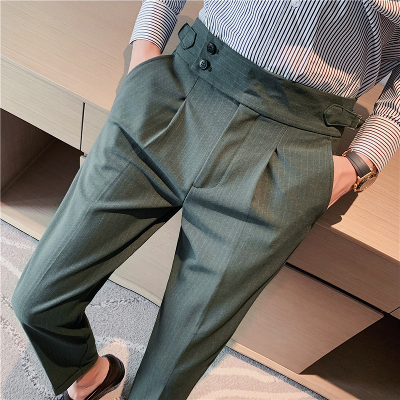 Pantalones de traje de los hombres naples italianos pantalones de cintura alta pantalones de los hombres de otoño e invierno teñido de hilo oscuro a rayas de calidad pantalones casuales