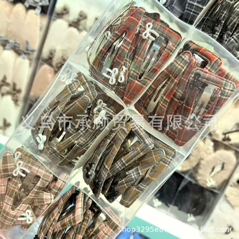 韩式蝴蝶结咖色系格纹三角形镂空BB夹高级感少女边夹学生发卡头饰|undefined