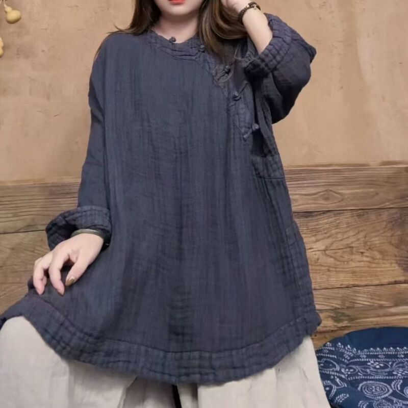 亚麻双层大版衬衫斜襟盘扣上衣女 2025早秋新款文艺复古禅意小衫|undefined