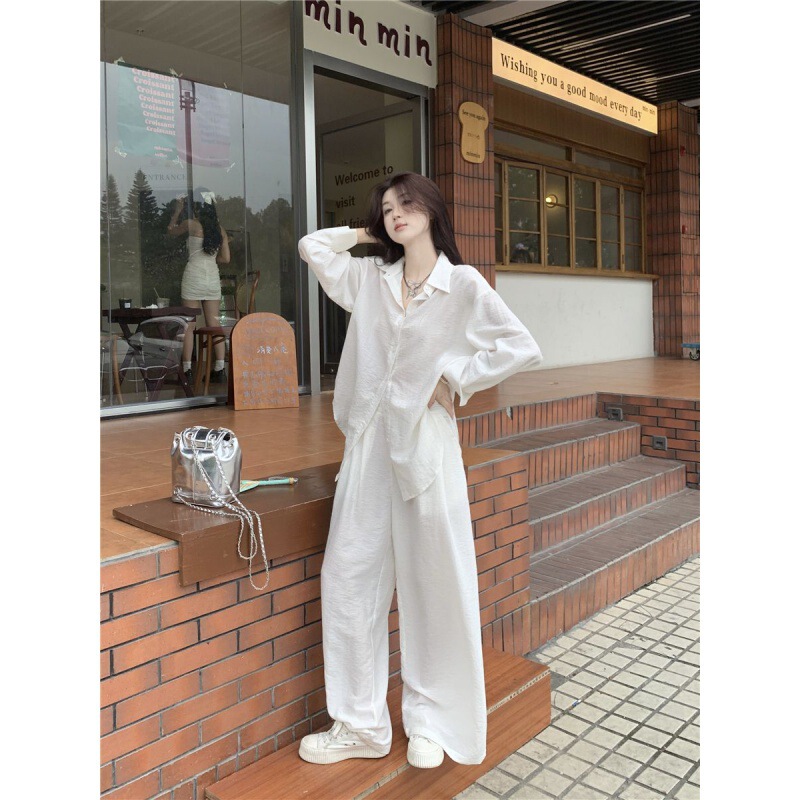 chubby girl plus size 300 Jin Loose Slim White Shirt Women's Casual Wide Leg Pants Relaxed Linen suit ins