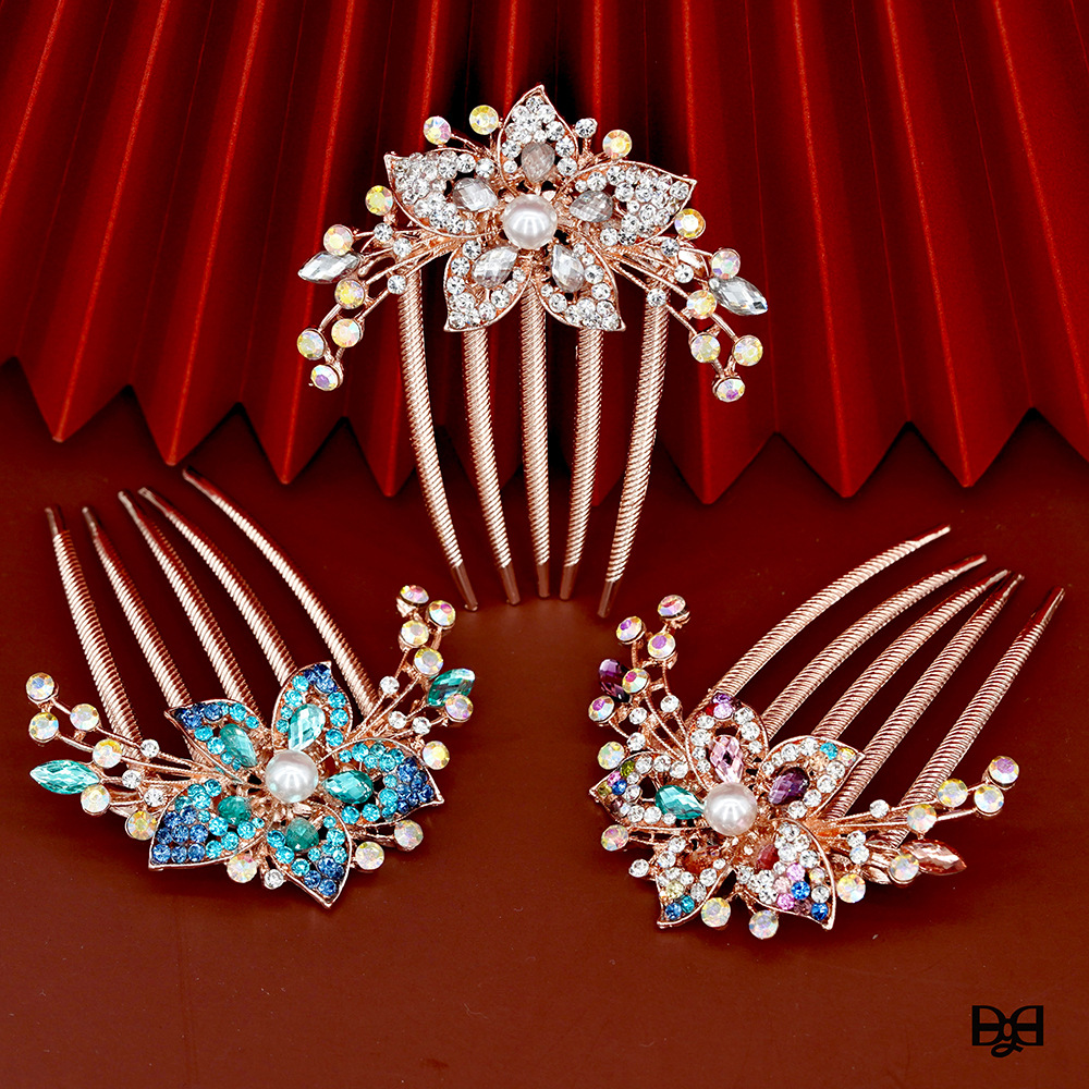 New floral hairpin with water drill head, pearl hair accessory, alloy hair comb, ancient costume hair accessory, bun hair clip, exquisite decoration