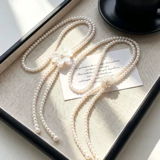时尚立体花朵项链百搭高级感串珠毛衣链女甜美设计腰链衣服配饰
