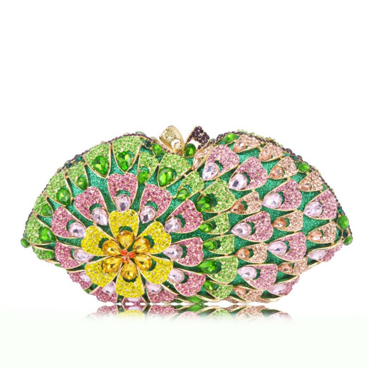 * Bolsa de moda europea y americana con perforación de hebilla magnética pequeña bolsa de maquillaje verde bolsa de amor flores horizontales bolsa de cena cuadrada