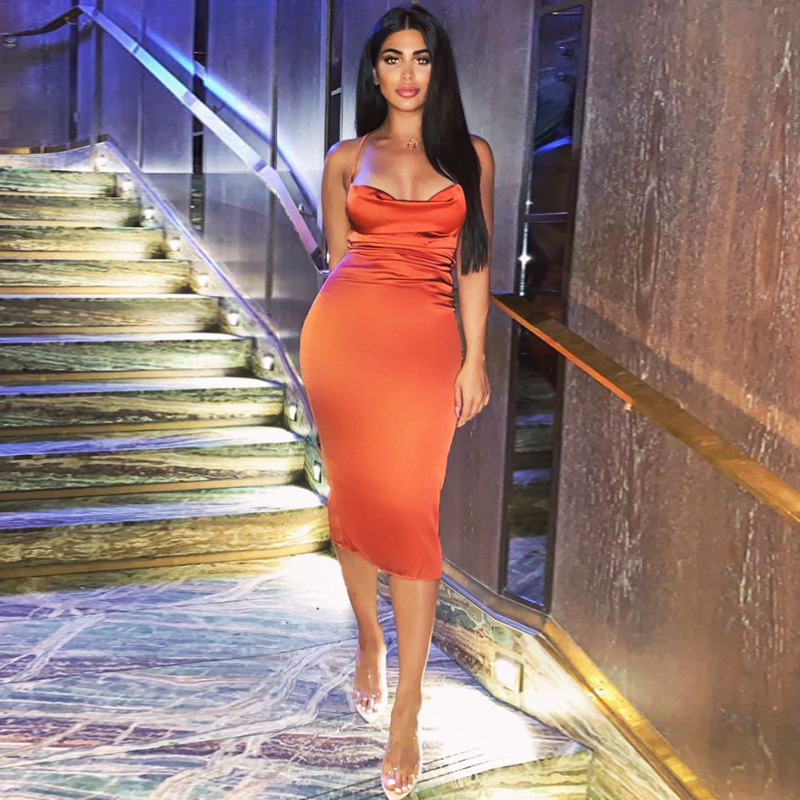 Women's Foreign Trade Sexy Summer Satin Slim-fit Backless Lace-up Fashion Women's Elegant Style Dress Women's Cross-border Midi Dress