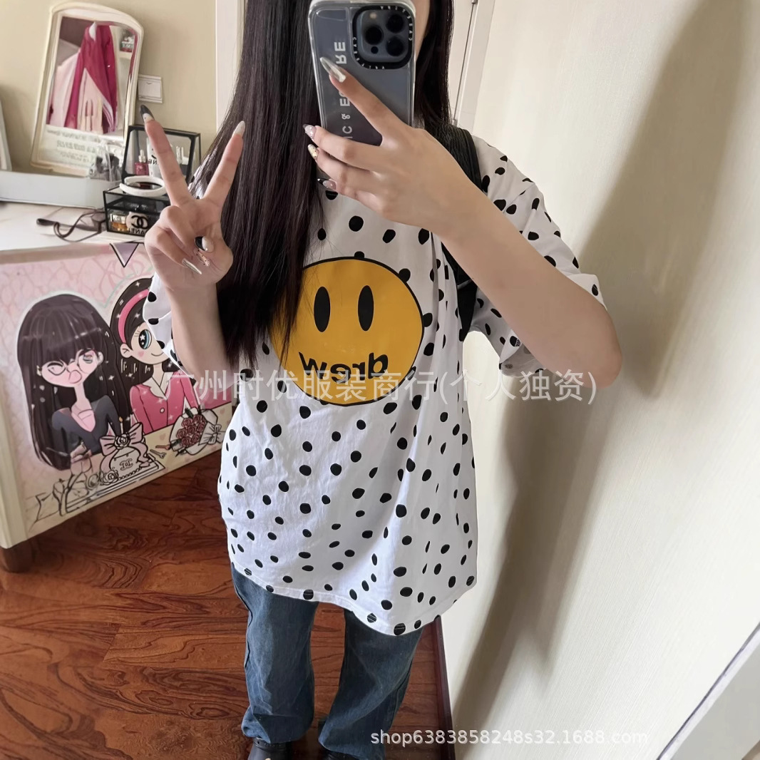 欧陽ナナと同じスタイルのDREWスマイリーフェイスハイストリート多用途水玉プリント男性と女性のルーズ半袖Tシャツトップ
