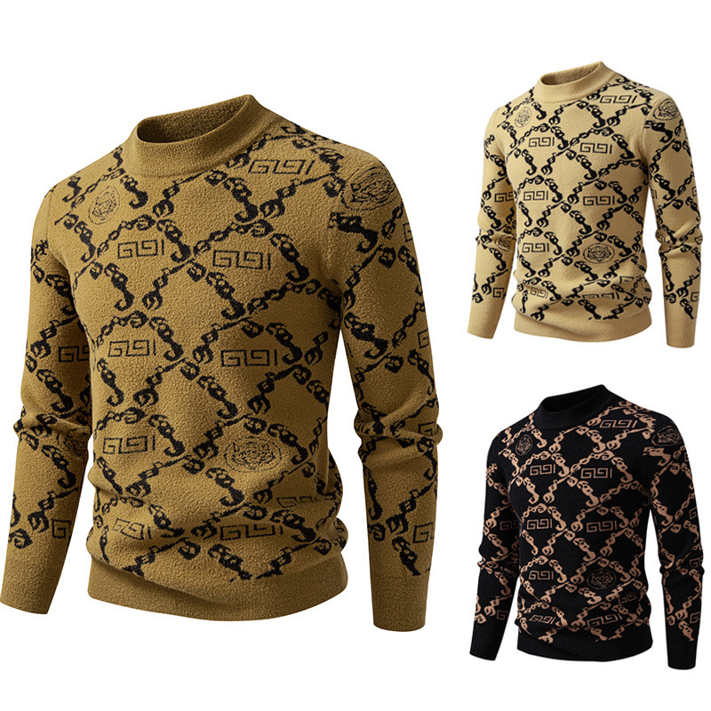Autumn and Winter Trendy Men's Half Turtleneck Knitwear Youth Fashion Handsome Jacquard Pullover Warm Base Knitwear for Men