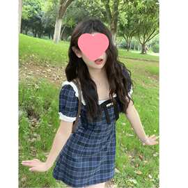 夏季新款复古泡泡袖拼接蝴蝶结连衣裙小个子感别致收腰短裙子