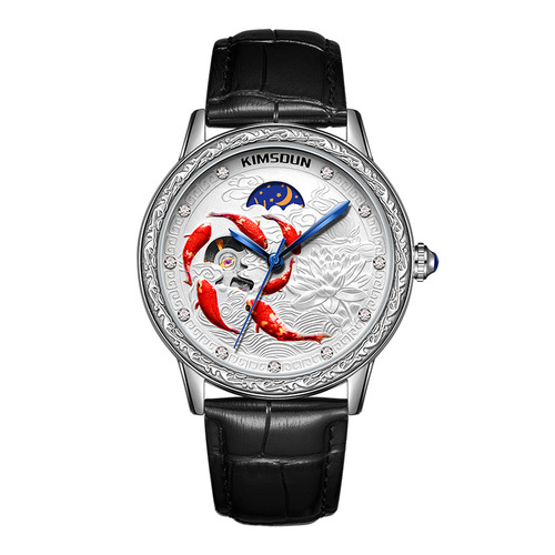 New Kingston watch 3D relief koi hollow fully automatic mechanical watch moon phase watch men's waterproof men's watch