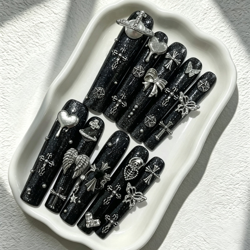 【War Plus 49-D002】European and American Style Extra-Long Water Pipe Nails, Exaggerated Dark Gothic Style, Black Personalized Handmade Wearable Nails