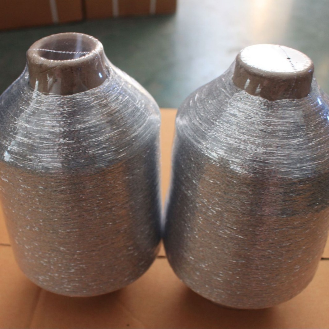 银扁丝与涤纶丝合股成双色线闪点黑亮丝线玫瑰金塑胶料丝片