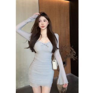 Pure desire style gentle mesh sheath fashion dress autumn new hot girl long sleeve waist slim slimming short skirt