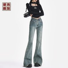 広州サプライの女性用春夏デザインローエッジマイクロフレアジーンズ、ホットガールスプライシングストレッチスリミングフロアレングスパンツ