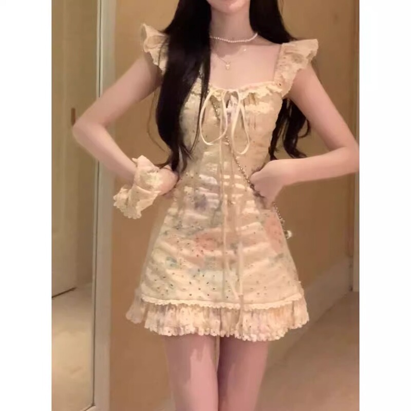 Summer Sweet Dress for Women Garden Party Pure Lust Style Sweet Slimming Temperament Lace Flying Sleeve Dress