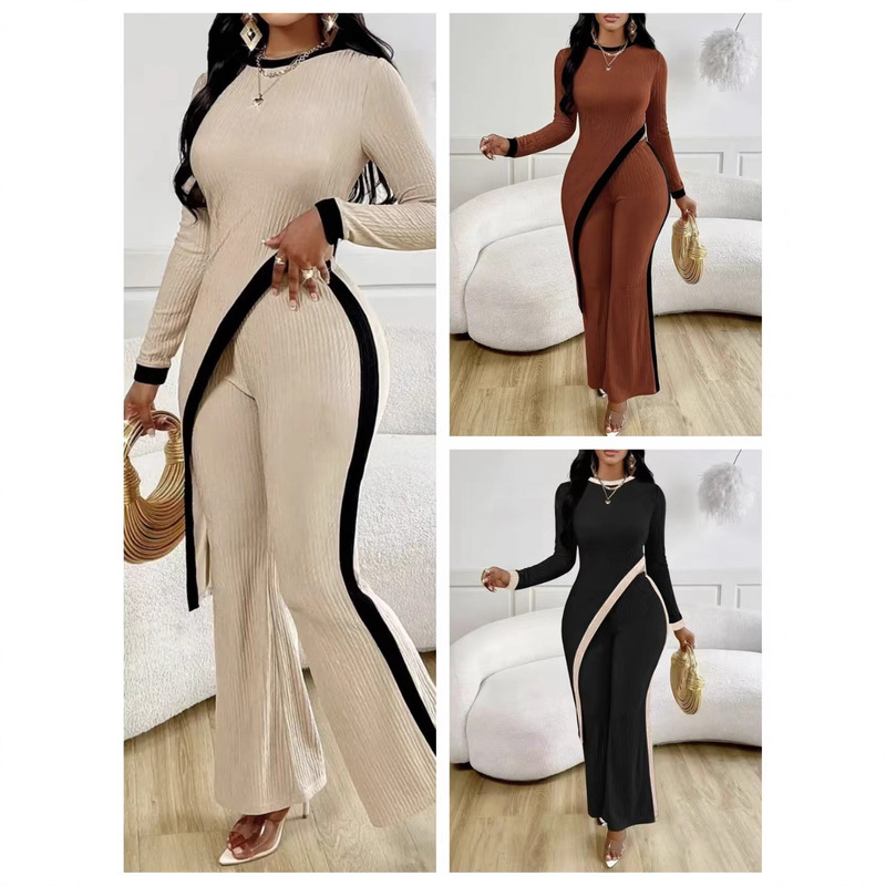 European and American Cross-Border 2025 Spring/Summer New Women's Fashion Color-Block Long-Sleeve Side-Slit T-Shirt + Patchwork Pants Set