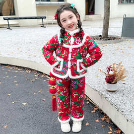 女童东北大花袄加绒套装冬款洋气棉服加绒加厚宝宝棉裤两件套潮流